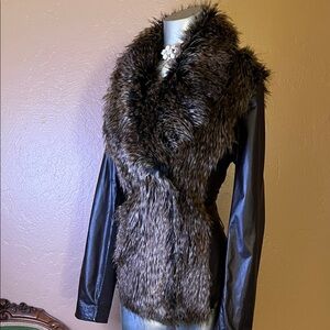 Cache Faux Fur Collar Brown Leather-Look Jacket